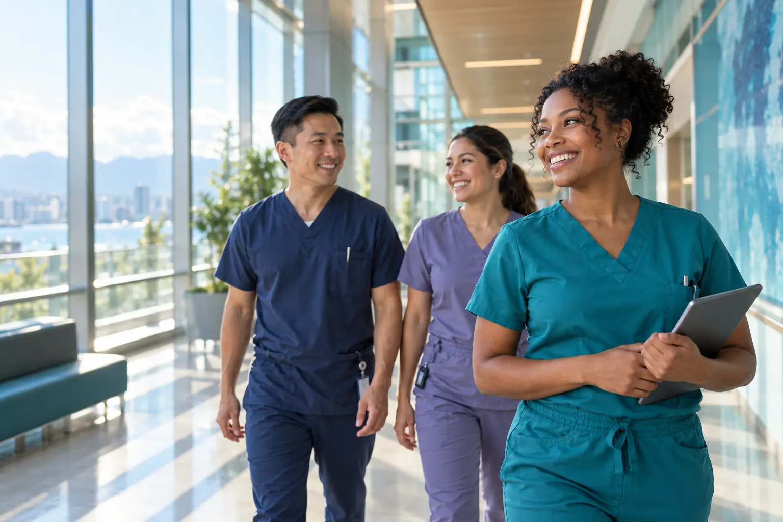 Nurse and healthcare colleagues sharing a moment in a bright hospital corridor